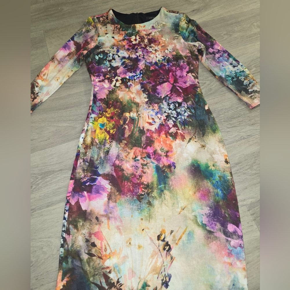 Karen Kane Long Sleeve Floral Watercolor Midi Dress - Purple, Pink, Green